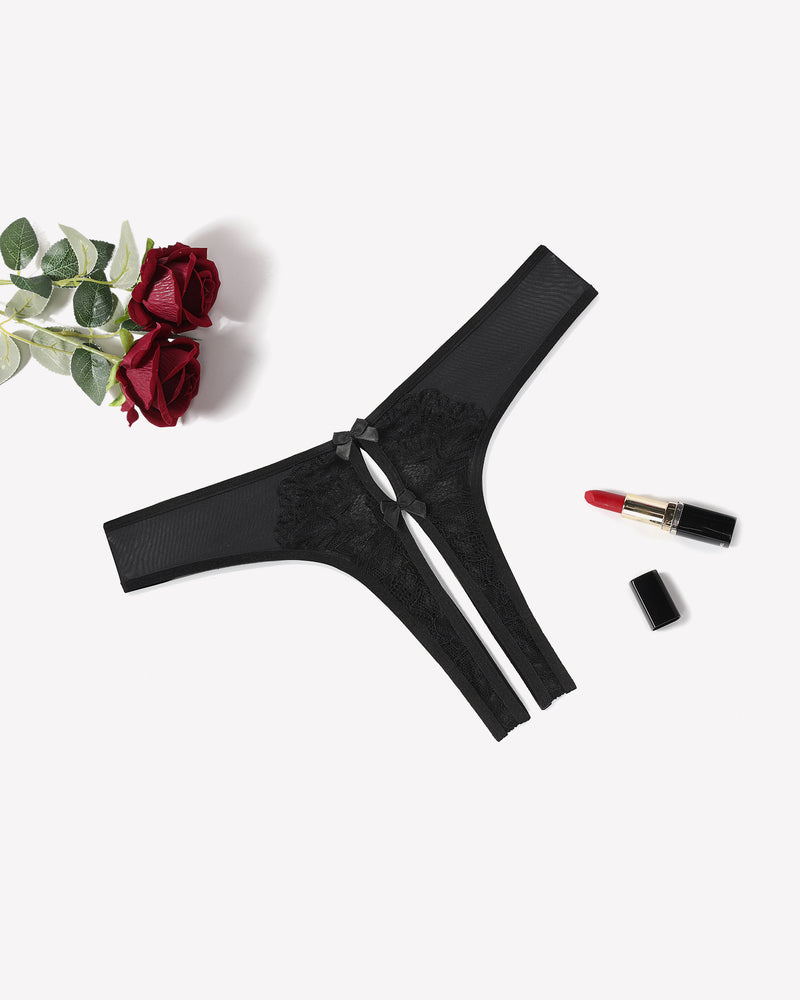 Black sheer mesh bow thong panties with lace applique