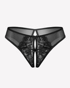 Black sheer mesh thong panties with lace front and bow detail