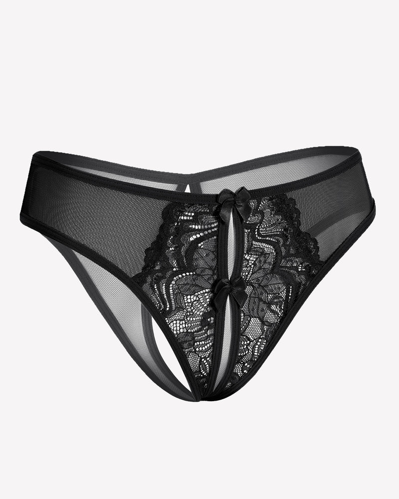 Black sheer mesh thong panties with lace panel and bow detail