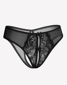 Black sheer mesh thong panties with lace panel and bow detail