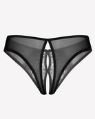 Black sheer mesh thong panties with open center cutout