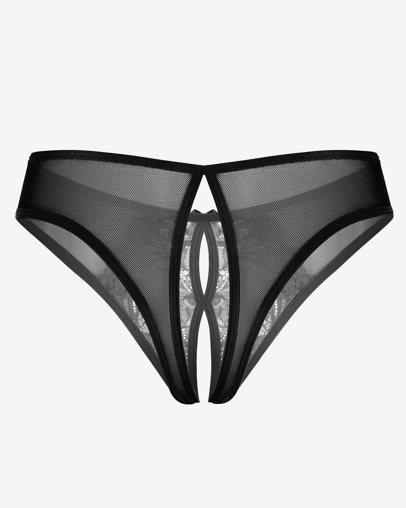 Black sheer mesh thong panties with open center cutout