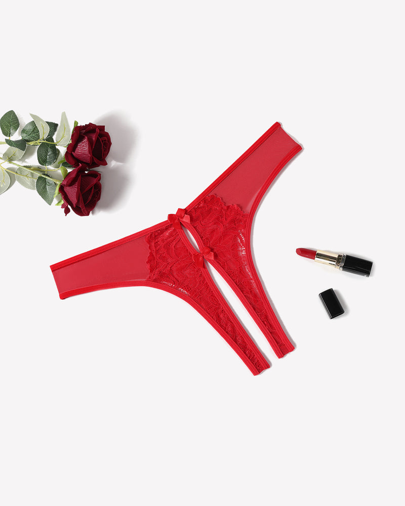 Red sheer mesh bow thong panties with lace applique
