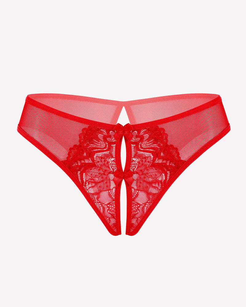 Red mesh panties with lace front and bow detail