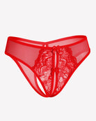 Red mesh thong with lace center panel and bow detail