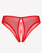 Red sheer mesh thong with cutout lace design at the front