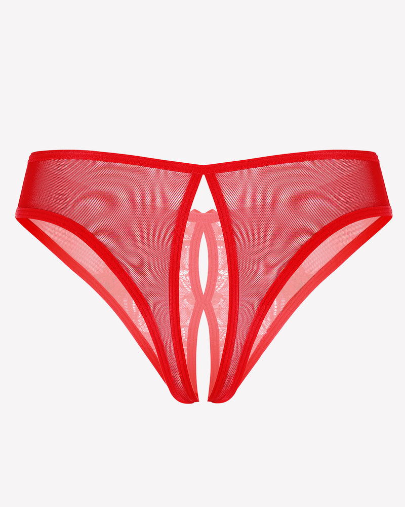Red sheer mesh thong with cutout lace design at the front