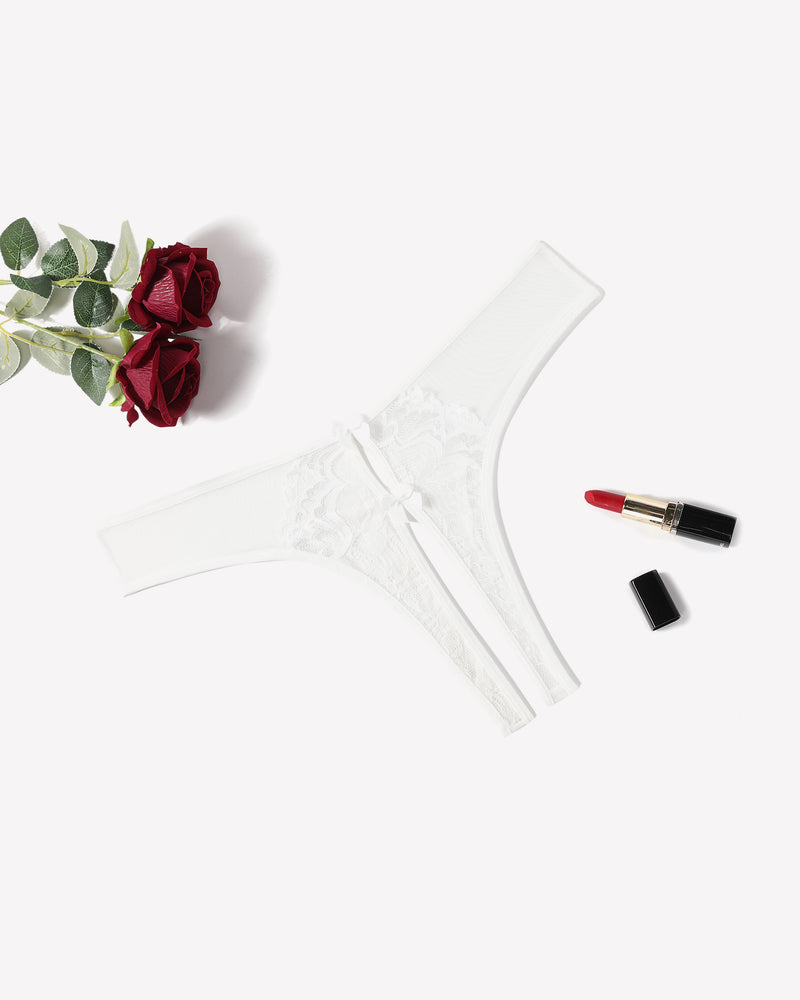 White mesh thong with lace front and bow detail
