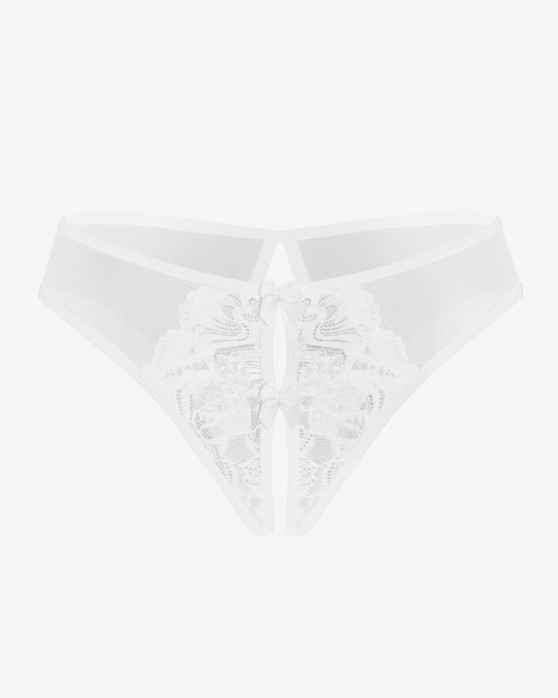 White lace-trim mesh thong with center bow detail