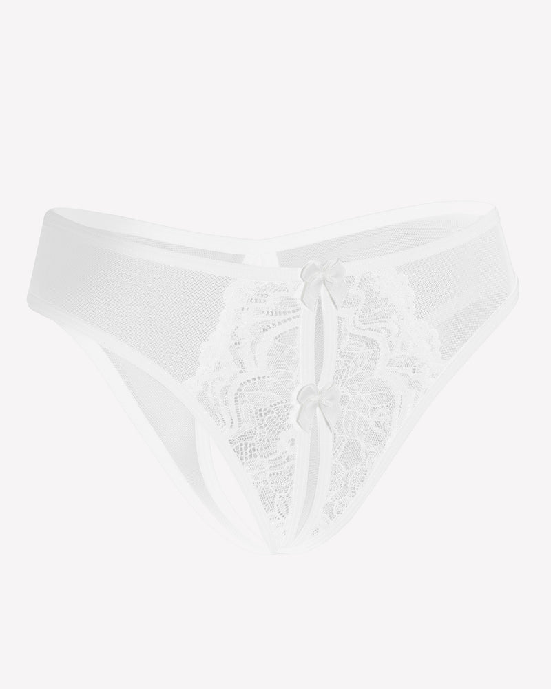 White sheer mesh thong with lace bow detail at the front