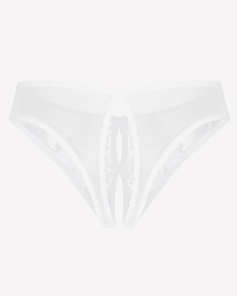 White sheer mesh thong with lace cutout front