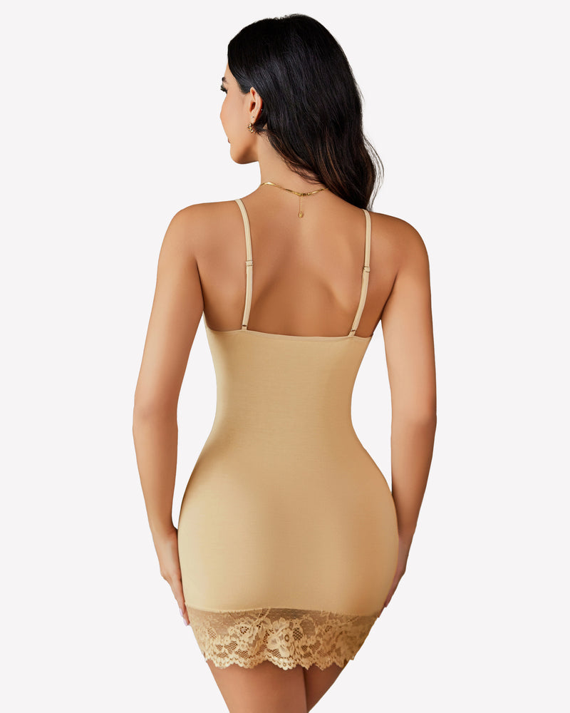 Back view beige lace-trim mini slip dress with thin straps and lace hem