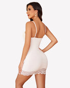White modal mini slip dress, lace-trim hem and spaghetti straps, open back