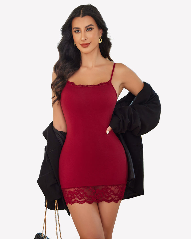 Wine red lace-trim mini slip dress with spaghetti straps and scalloped lace hem