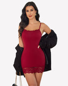 Wine red lace-trim mini slip dress with spaghetti straps and scalloped lace hem