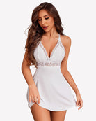 White lace V-neck chemise nightgown with lace cups and short flowing skirt