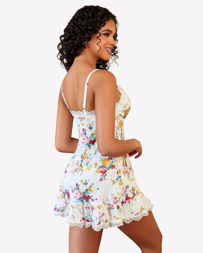 White floral babydoll sleepwear back view with lace-trim straps and ruffled hem