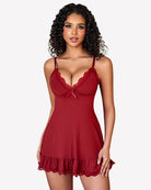 Wine-red lace V-neck babydoll sleepwear with scalloped lace trim