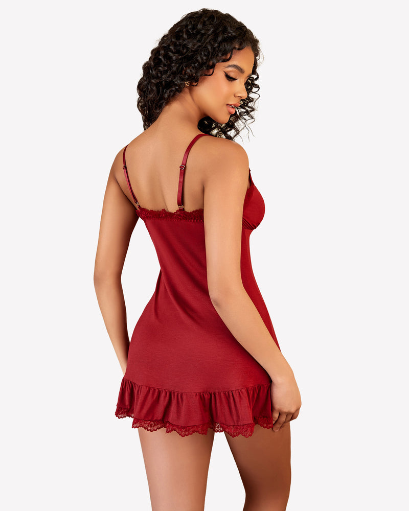 Wine-red babydoll sleepwear with lace back straps and ruffled hem