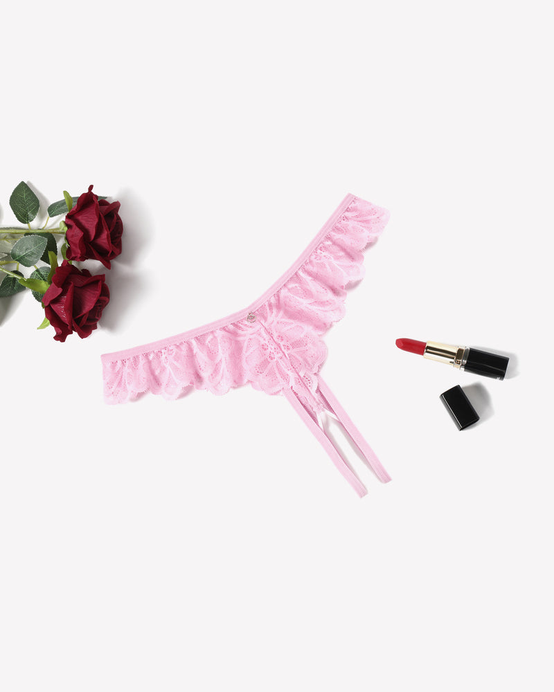 Pink lace criss-cross thong briefs with scalloped ruffle edge and side ties