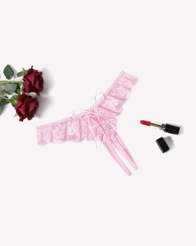 Pink lace thong briefs with scalloped ruffle edge and crisscross side straps
