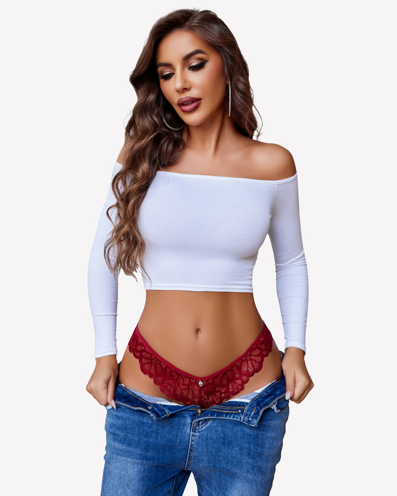 Red lace thong briefs with scalloped trim and crisscross side straps
