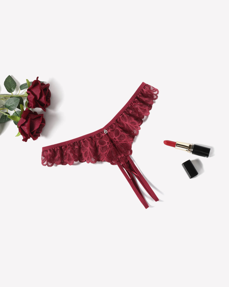 Wine red lace thong briefs with scalloped ruffle trim and hanging tie straps