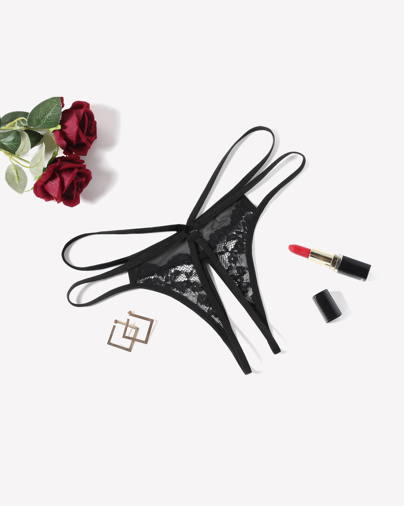 Black floral lace G-string thong with thin side straps
