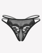 Floral lace thong with black mesh sides and scalloped lace trim at front