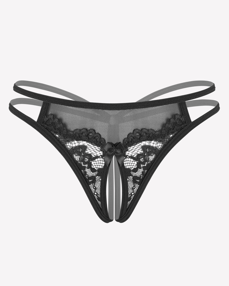 Floral lace thong with black mesh sides and scalloped lace trim at front