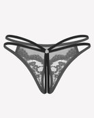 Floral lace thong with sheer black mesh panels and scalloped lace trim