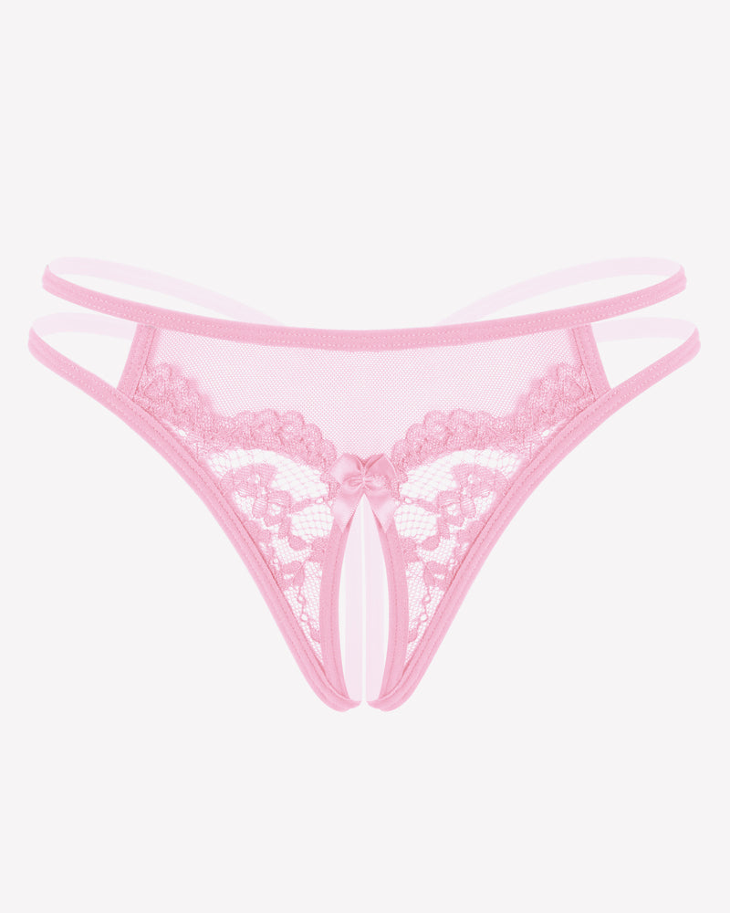 Light pink floral lace thong with sheer mesh center and scalloped lace edges