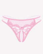 Light pink floral lace thong with sheer mesh center and scalloped lace edges