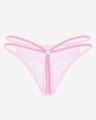 Pink floral lace thong with sheer mesh panels and scalloped lace trim