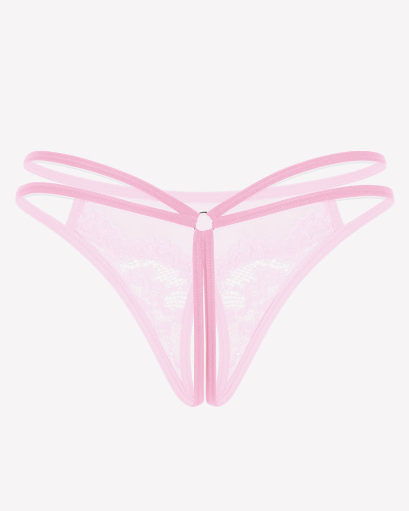 Pink floral lace thong with sheer mesh panels and scalloped lace trim