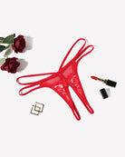 Red floral lace thong with sheer mesh sides and scalloped lace trim