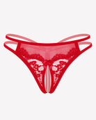 Red floral lace G-string thong with sheer mesh center and scalloped lace trim