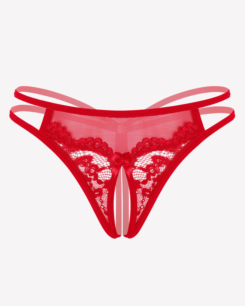 Red floral lace G-string thong with sheer mesh center and scalloped lace trim