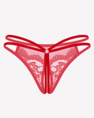 Red floral lace thong with strappy mesh sides and scalloped lace edges