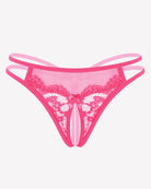 Pink mesh g-string thong with floral lace panels and bow at center front