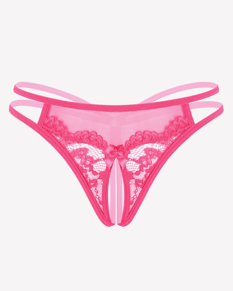 Pink mesh g-string thong with floral lace panels and bow at center front