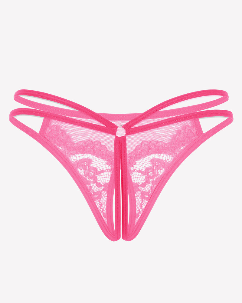 Pink lace mesh g-string thong with scalloped floral applique and center tie