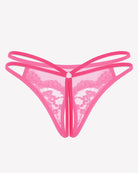 Pink lace mesh g-string thong with scalloped floral applique and center tie
