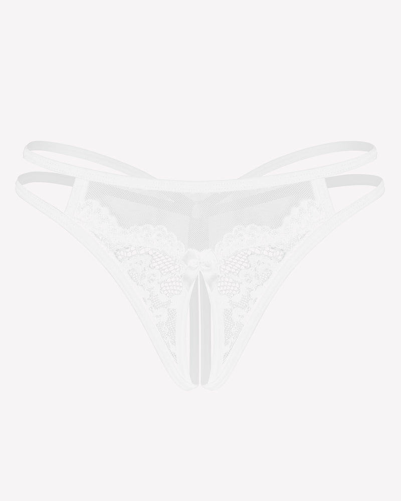 White sheer mesh g-string thong with floral lace detailing at hips