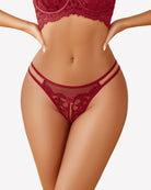 Red lace g-string thong with floral front and sheer side bands on model