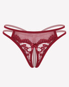 Wine red floral lace G-string panties with scalloped trim and center bow