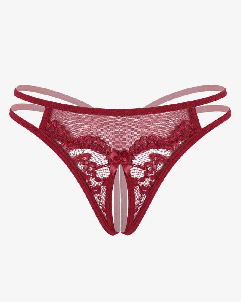 Wine red floral lace G-string panties with scalloped trim and center bow