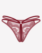Red floral lace G-string panties with mesh sides and center bow