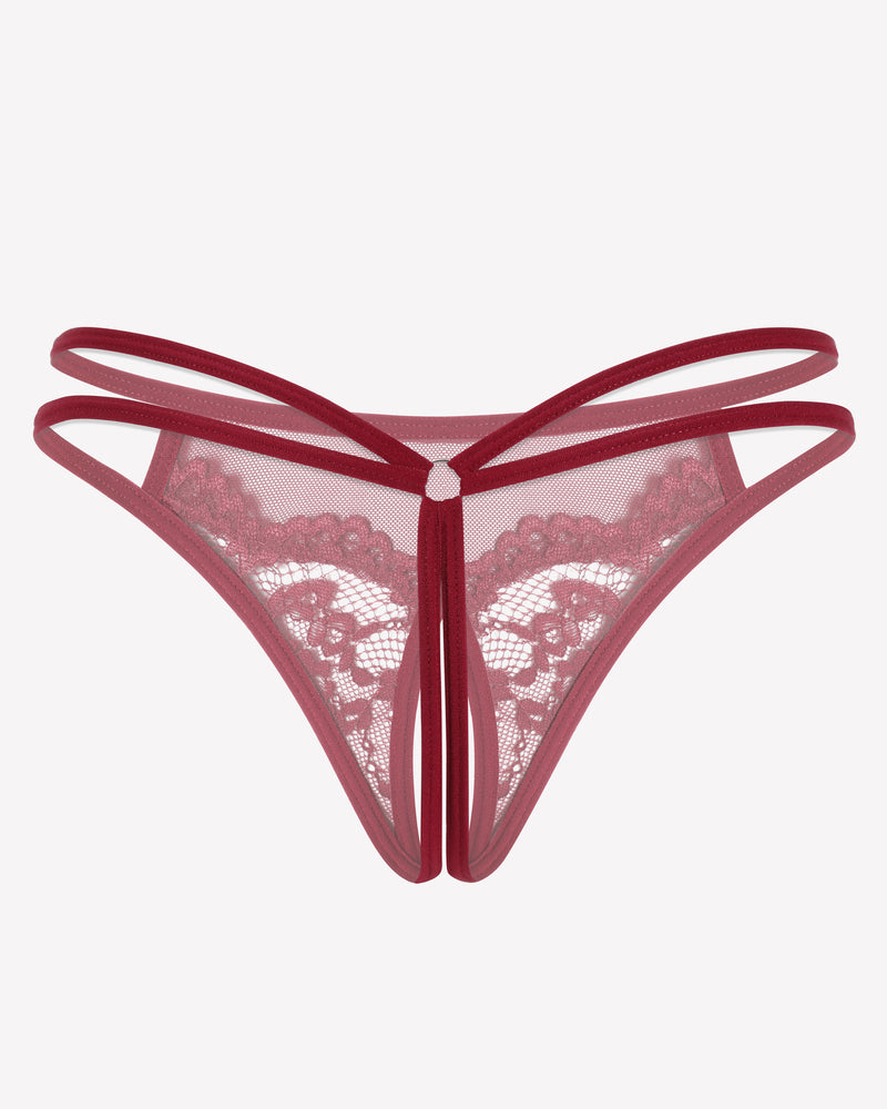 Red floral lace G-string panties with mesh sides and center bow