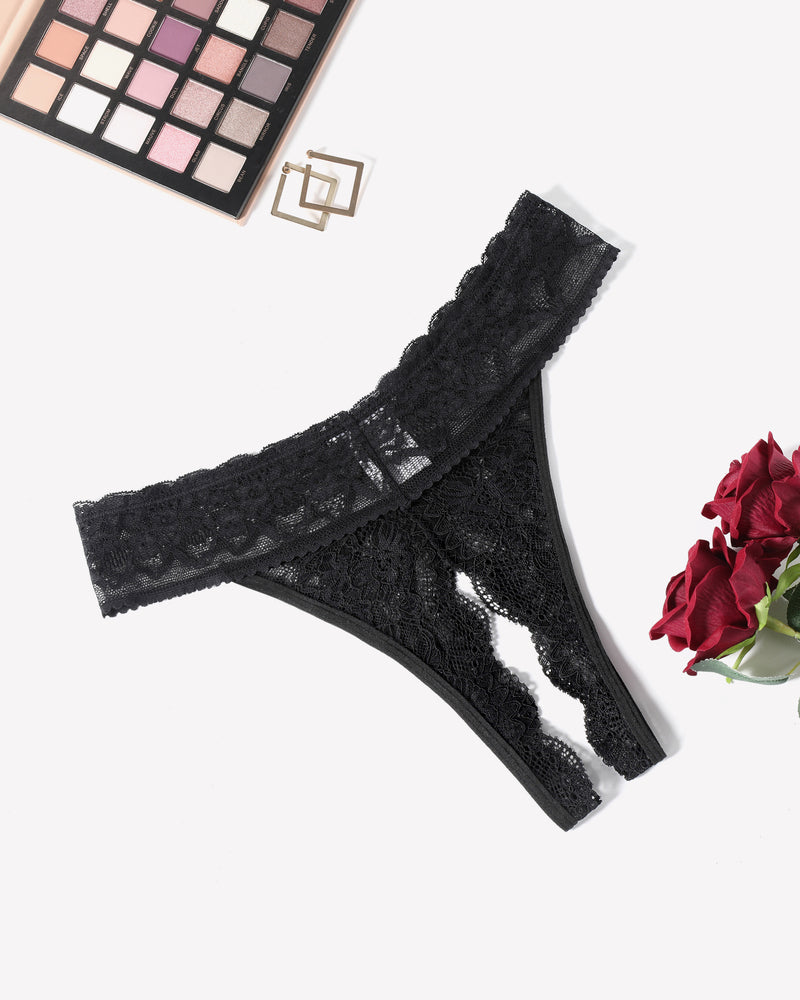 Black lace low-rise t-back thong, lace floral pattern